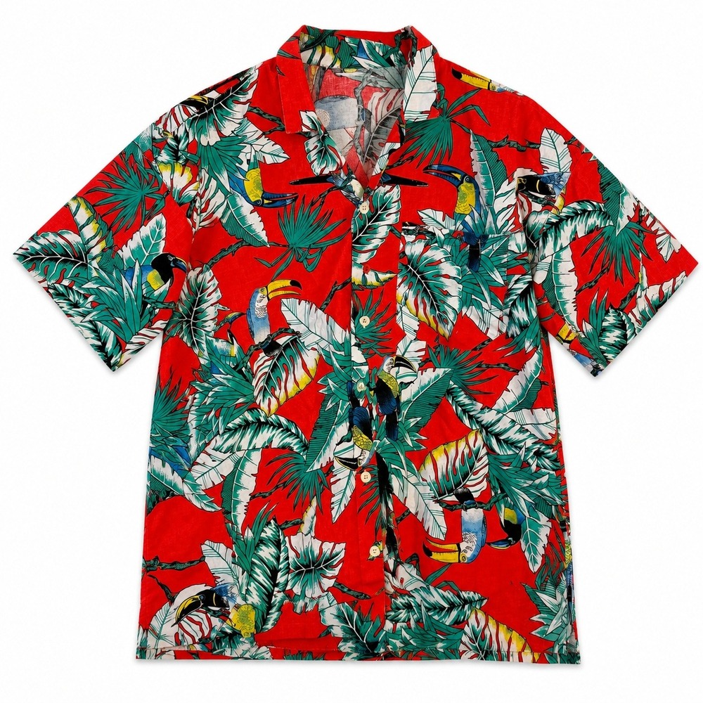 vtg 60s Men Hawaiian red shirt Tropical Toucan retro Camp Maximalist Rainbow L